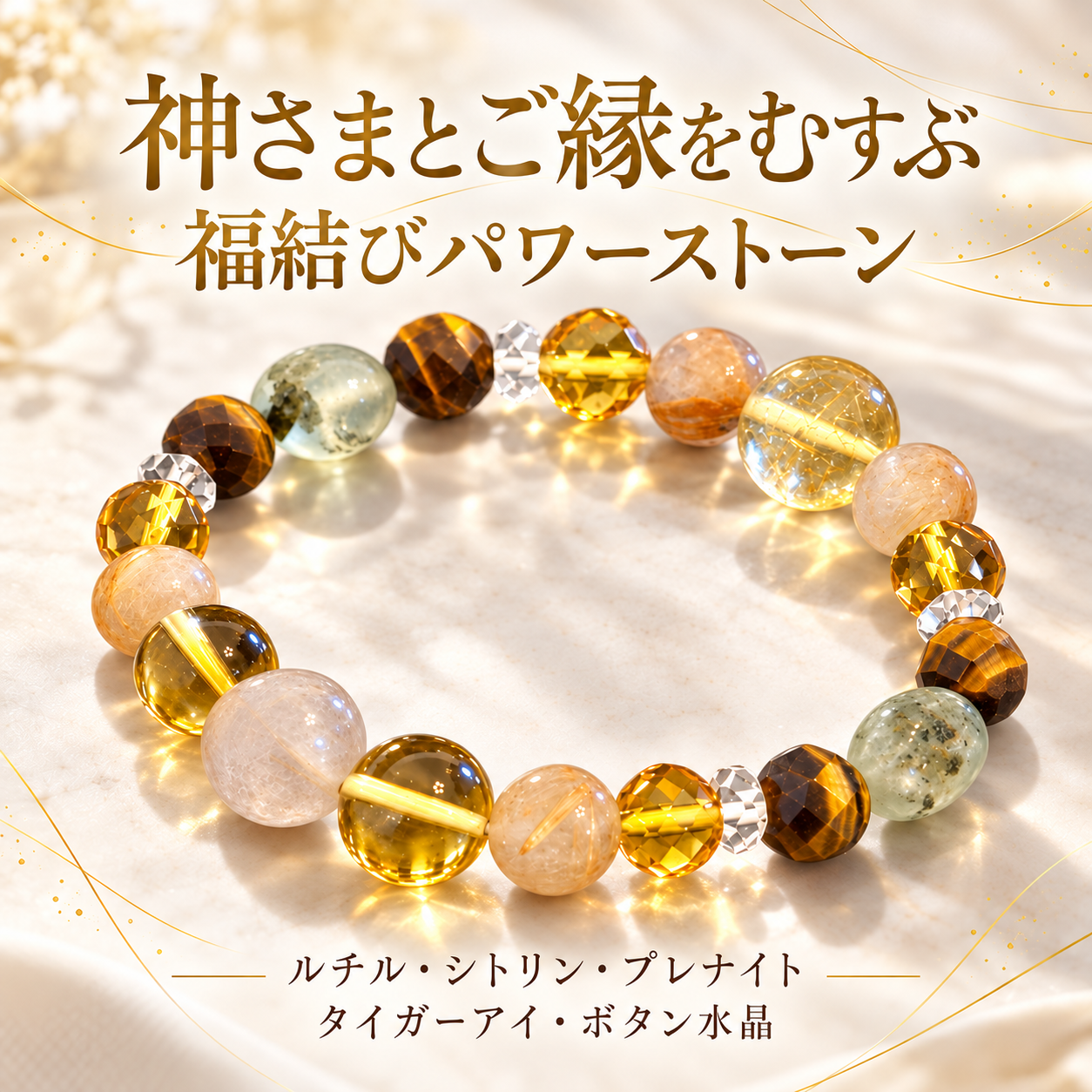神さまとご縁をむすぶ、福結びパワーストーン。ルチルクォーツ、シトリン、プレナイト、タイガーアイ、ボタン水晶を組み合わせたブレスレット